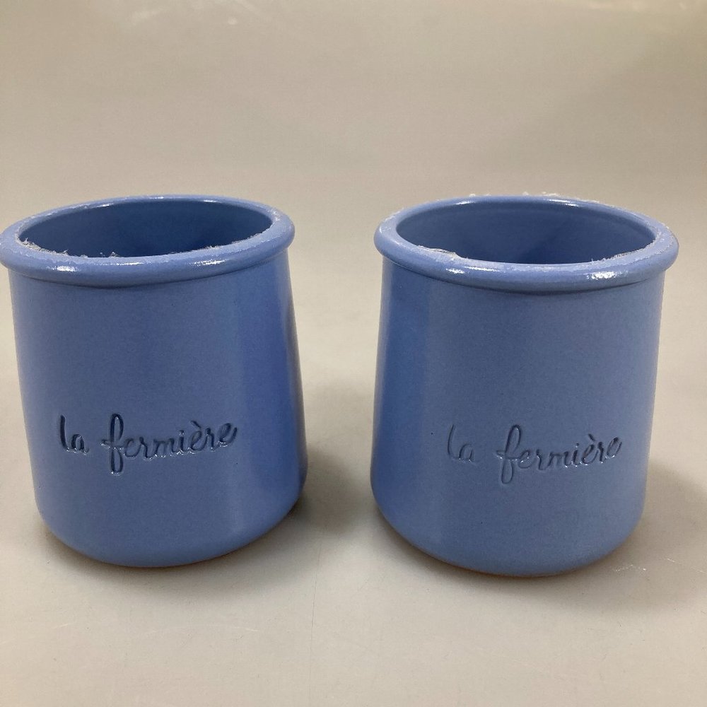 2 La Fermiere Blue Glazed Terra Cotta Yogurt Pots